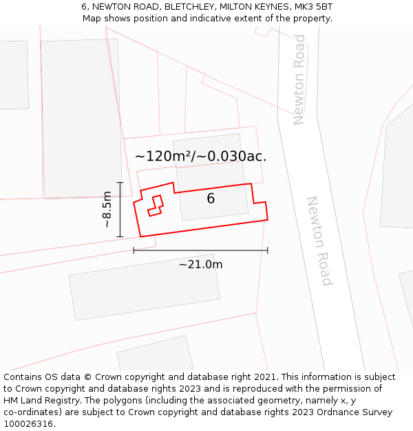 6, NEWTON ROAD, BLETCHLEY, MILTON KEYNES, MK3 5BT: Plot and title map