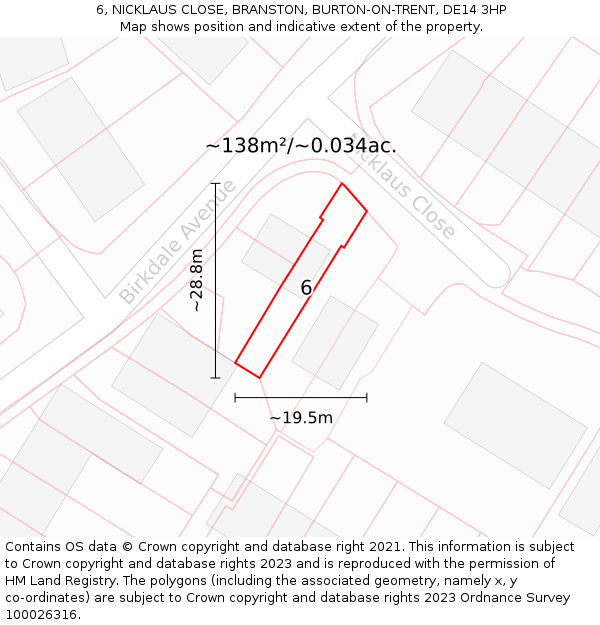 6, NICKLAUS CLOSE, BRANSTON, BURTON-ON-TRENT, DE14 3HP: Plot and title map