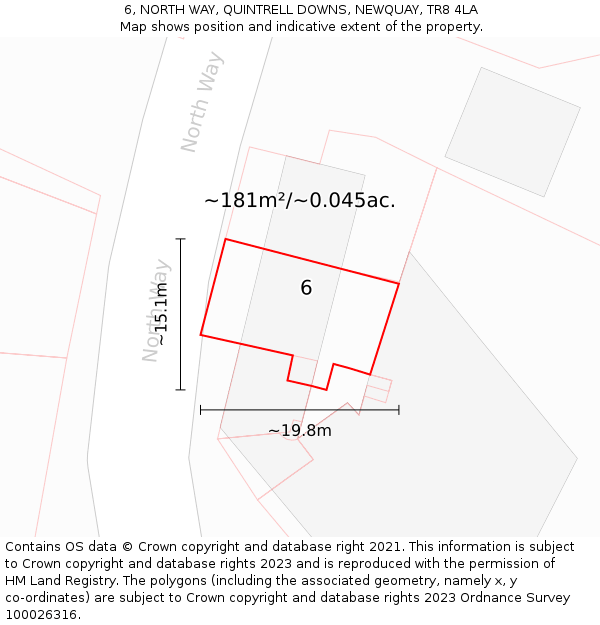 6, NORTH WAY, QUINTRELL DOWNS, NEWQUAY, TR8 4LA: Plot and title map
