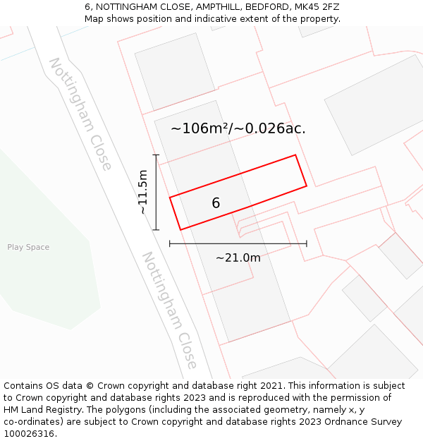 6, NOTTINGHAM CLOSE, AMPTHILL, BEDFORD, MK45 2FZ: Plot and title map