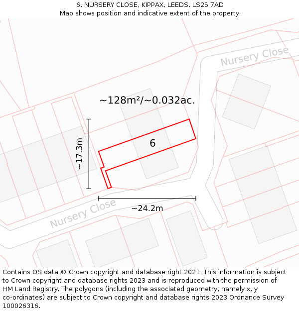 6, NURSERY CLOSE, KIPPAX, LEEDS, LS25 7AD: Plot and title map