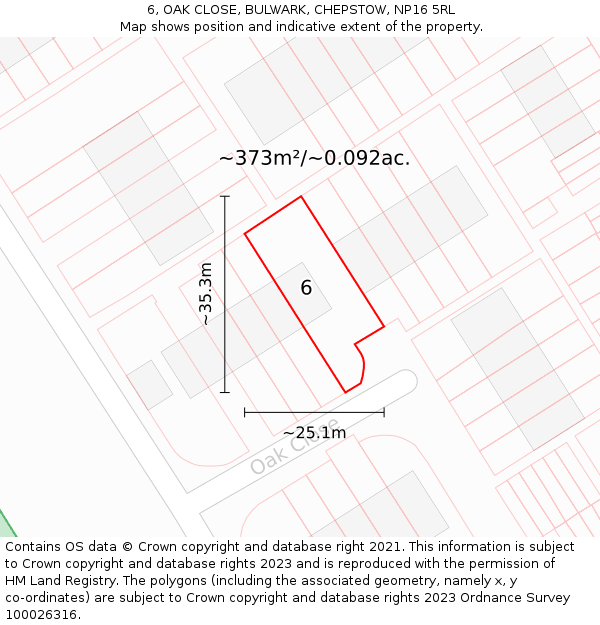 6, OAK CLOSE, BULWARK, CHEPSTOW, NP16 5RL: Plot and title map