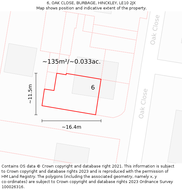 6, OAK CLOSE, BURBAGE, HINCKLEY, LE10 2JX: Plot and title map