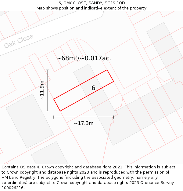 6, OAK CLOSE, SANDY, SG19 1QD: Plot and title map