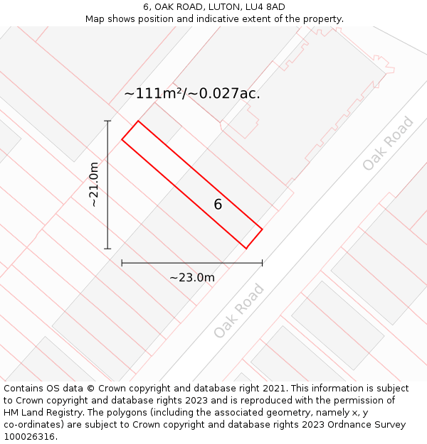 6, OAK ROAD, LUTON, LU4 8AD: Plot and title map