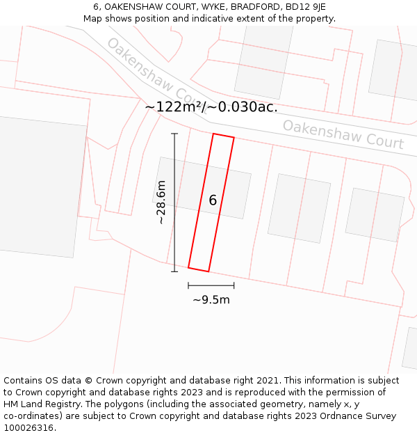 6, OAKENSHAW COURT, WYKE, BRADFORD, BD12 9JE: Plot and title map
