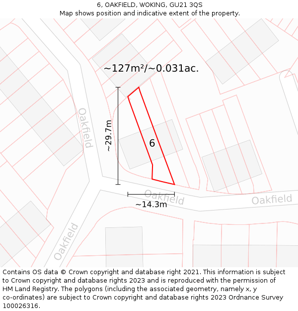 6, OAKFIELD, WOKING, GU21 3QS: Plot and title map