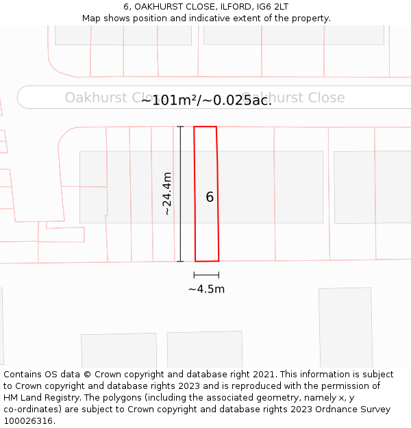 6, OAKHURST CLOSE, ILFORD, IG6 2LT: Plot and title map