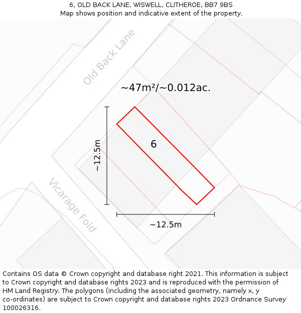 6, OLD BACK LANE, WISWELL, CLITHEROE, BB7 9BS: Plot and title map