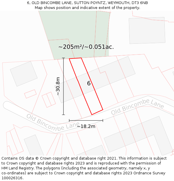 6, OLD BINCOMBE LANE, SUTTON POYNTZ, WEYMOUTH, DT3 6NB: Plot and title map