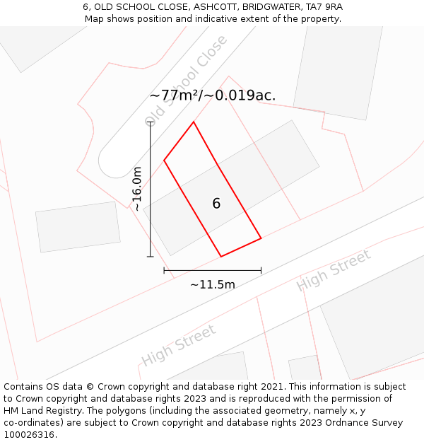 6, OLD SCHOOL CLOSE, ASHCOTT, BRIDGWATER, TA7 9RA: Plot and title map
