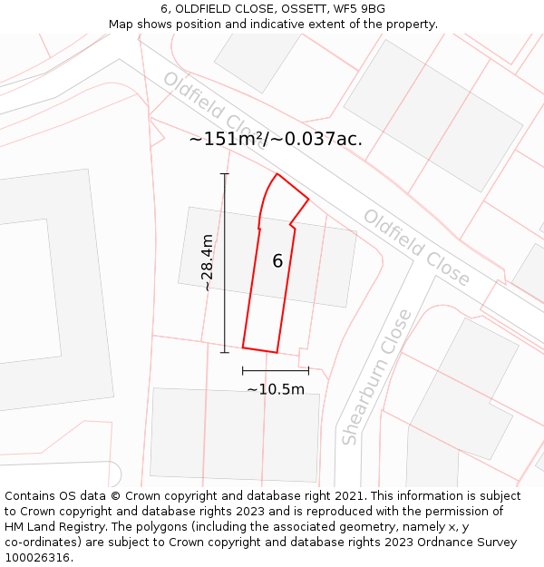 6, OLDFIELD CLOSE, OSSETT, WF5 9BG: Plot and title map