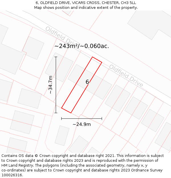 6, OLDFIELD DRIVE, VICARS CROSS, CHESTER, CH3 5LL: Plot and title map
