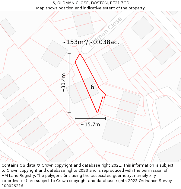 6, OLDMAN CLOSE, BOSTON, PE21 7GD: Plot and title map