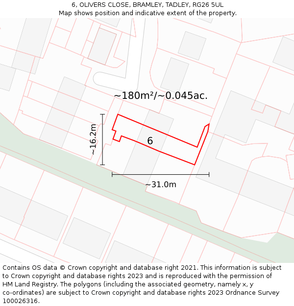 6, OLIVERS CLOSE, BRAMLEY, TADLEY, RG26 5UL: Plot and title map