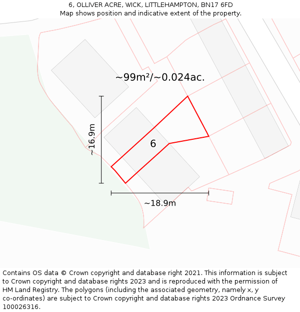 6, OLLIVER ACRE, WICK, LITTLEHAMPTON, BN17 6FD: Plot and title map