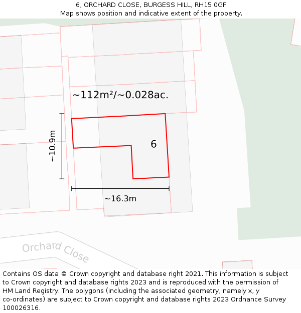 6, ORCHARD CLOSE, BURGESS HILL, RH15 0GF: Plot and title map
