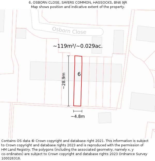 6, OSBORN CLOSE, SAYERS COMMON, HASSOCKS, BN6 9JR: Plot and title map