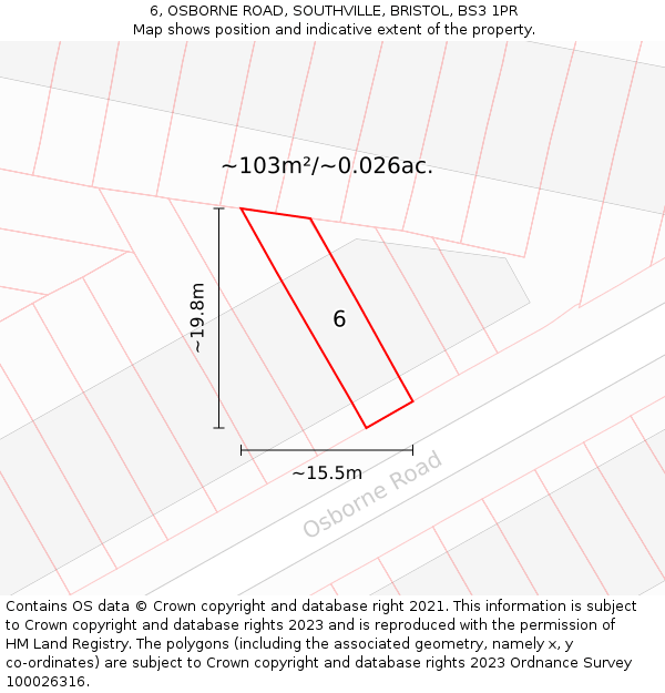 6, OSBORNE ROAD, SOUTHVILLE, BRISTOL, BS3 1PR: Plot and title map