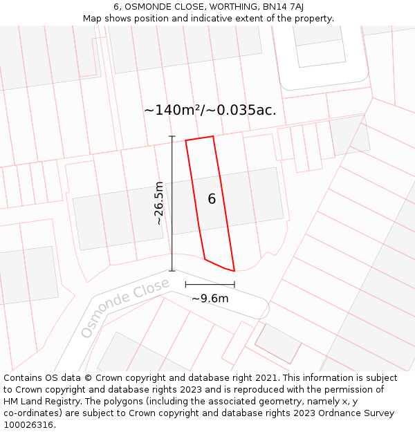 6, OSMONDE CLOSE, WORTHING, BN14 7AJ: Plot and title map