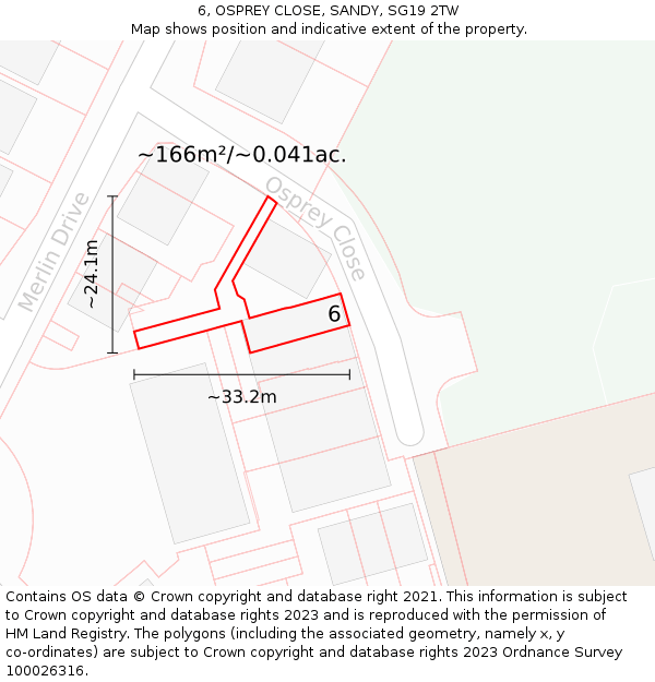 6, OSPREY CLOSE, SANDY, SG19 2TW: Plot and title map