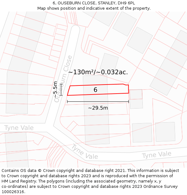 6, OUSEBURN CLOSE, STANLEY, DH9 6PL: Plot and title map