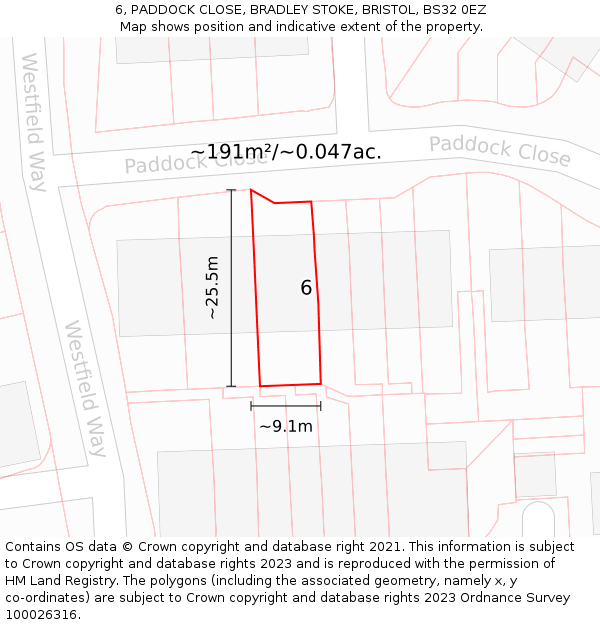 6, PADDOCK CLOSE, BRADLEY STOKE, BRISTOL, BS32 0EZ: Plot and title map