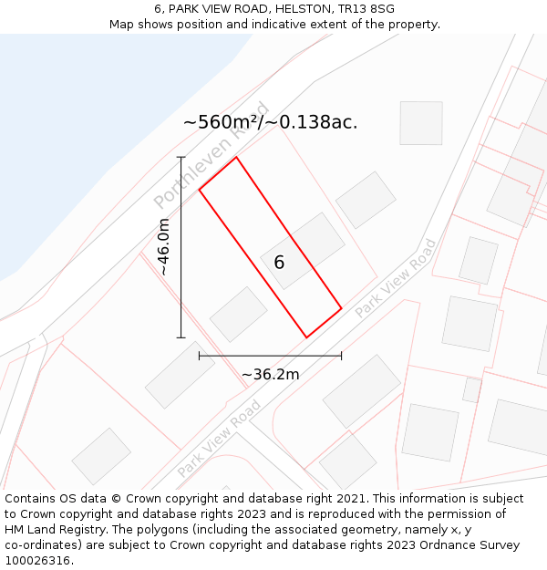 6, PARK VIEW ROAD, HELSTON, TR13 8SG: Plot and title map