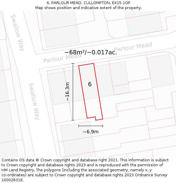6, PARLOUR MEAD, CULLOMPTON, EX15 1GP: Plot and title map
