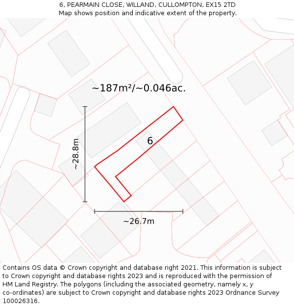 6, PEARMAIN CLOSE, WILLAND, CULLOMPTON, EX15 2TD: Plot and title map