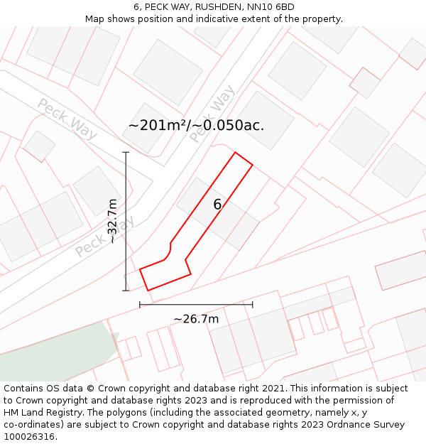 6, PECK WAY, RUSHDEN, NN10 6BD: Plot and title map