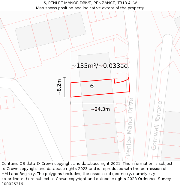 6, PENLEE MANOR DRIVE, PENZANCE, TR18 4HW: Plot and title map
