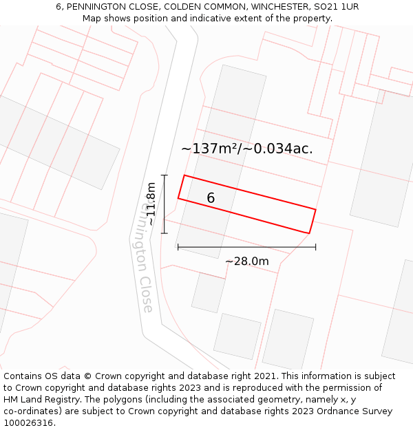 6, PENNINGTON CLOSE, COLDEN COMMON, WINCHESTER, SO21 1UR: Plot and title map