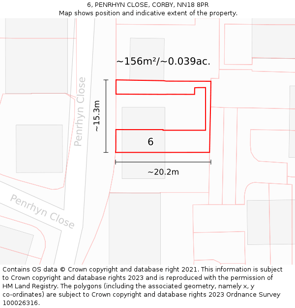 6, PENRHYN CLOSE, CORBY, NN18 8PR: Plot and title map