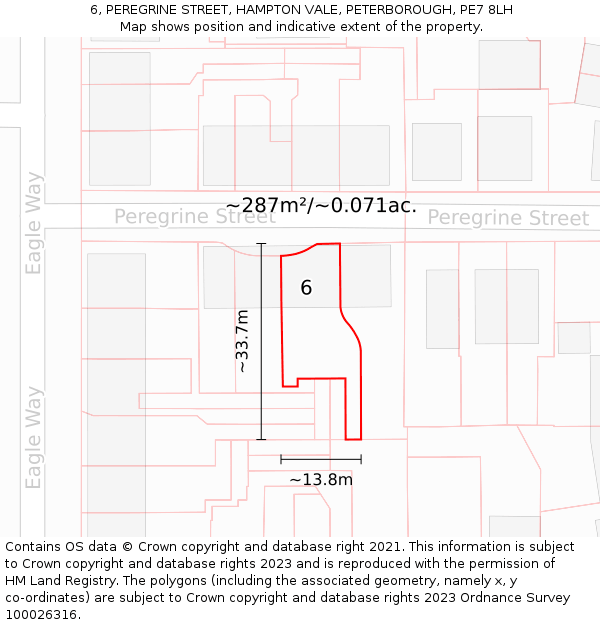 6, PEREGRINE STREET, HAMPTON VALE, PETERBOROUGH, PE7 8LH: Plot and title map