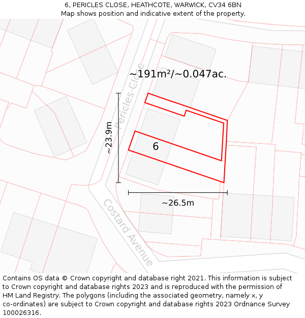 6, PERICLES CLOSE, HEATHCOTE, WARWICK, CV34 6BN: Plot and title map