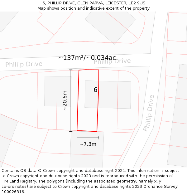 6, PHILLIP DRIVE, GLEN PARVA, LEICESTER, LE2 9US: Plot and title map
