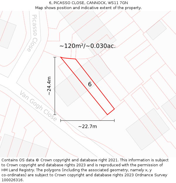 6, PICASSO CLOSE, CANNOCK, WS11 7GN: Plot and title map