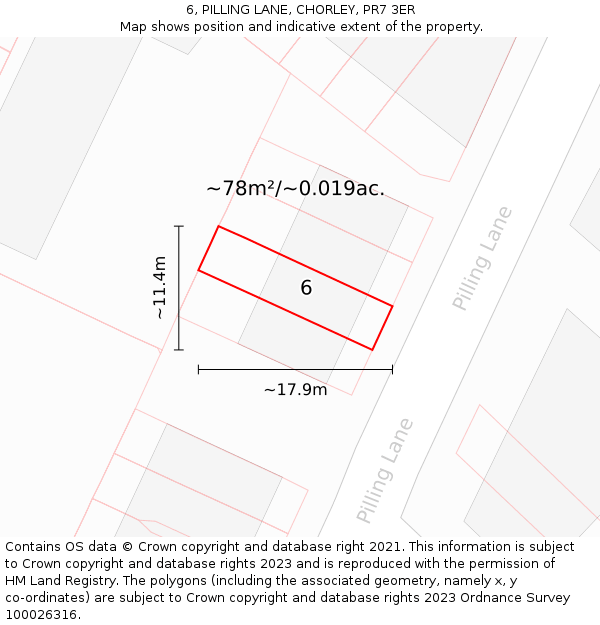 6, PILLING LANE, CHORLEY, PR7 3ER: Plot and title map