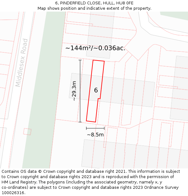 6, PINDERFIELD CLOSE, HULL, HU8 0FE: Plot and title map