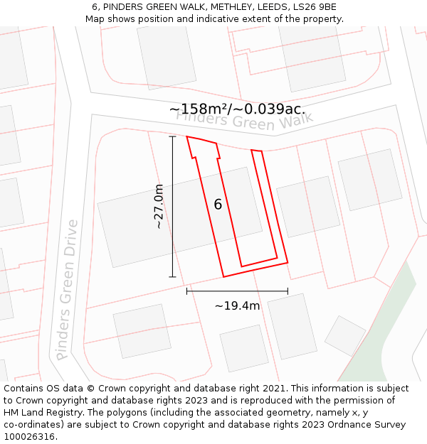 6, PINDERS GREEN WALK, METHLEY, LEEDS, LS26 9BE: Plot and title map