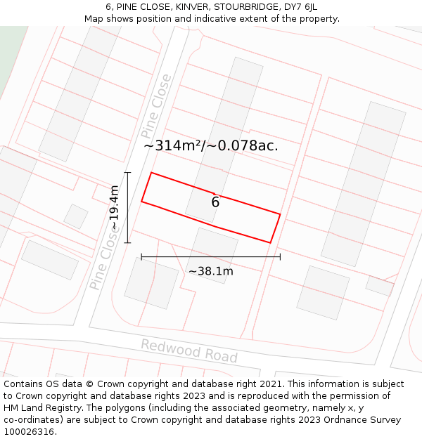 6, PINE CLOSE, KINVER, STOURBRIDGE, DY7 6JL: Plot and title map