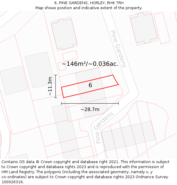 6, PINE GARDENS, HORLEY, RH6 7RH: Plot and title map