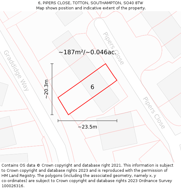 6, PIPERS CLOSE, TOTTON, SOUTHAMPTON, SO40 8TW: Plot and title map