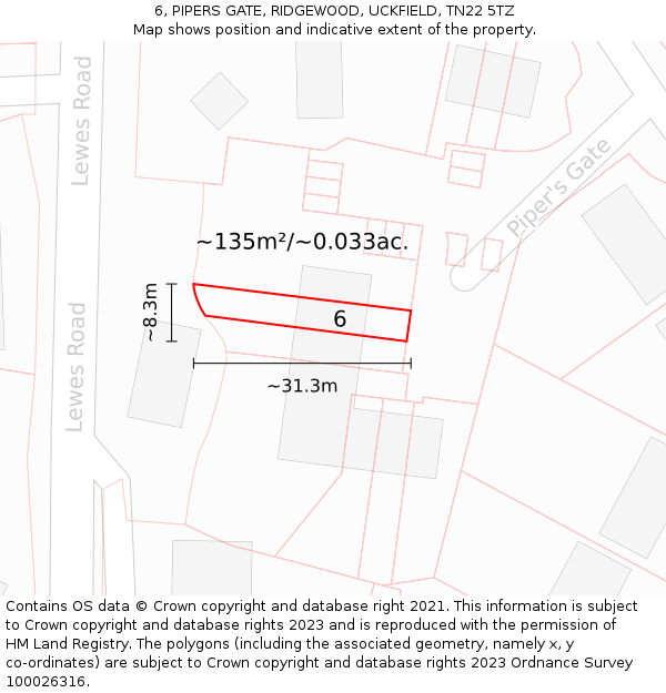 6, PIPERS GATE, RIDGEWOOD, UCKFIELD, TN22 5TZ: Plot and title map