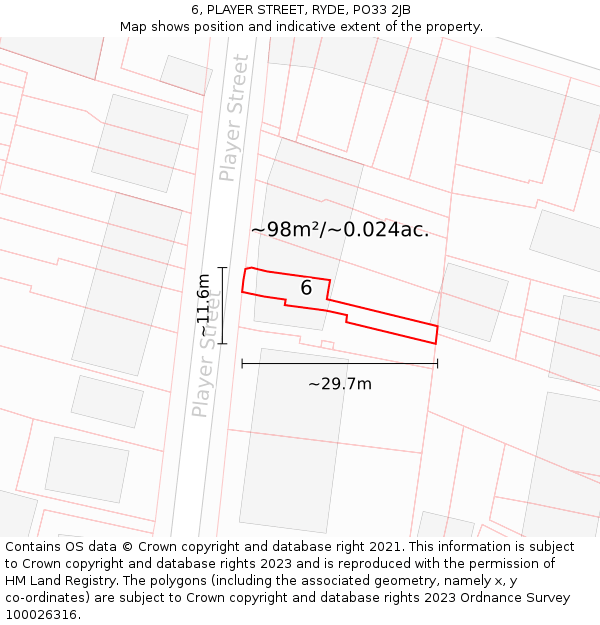 6, PLAYER STREET, RYDE, PO33 2JB: Plot and title map