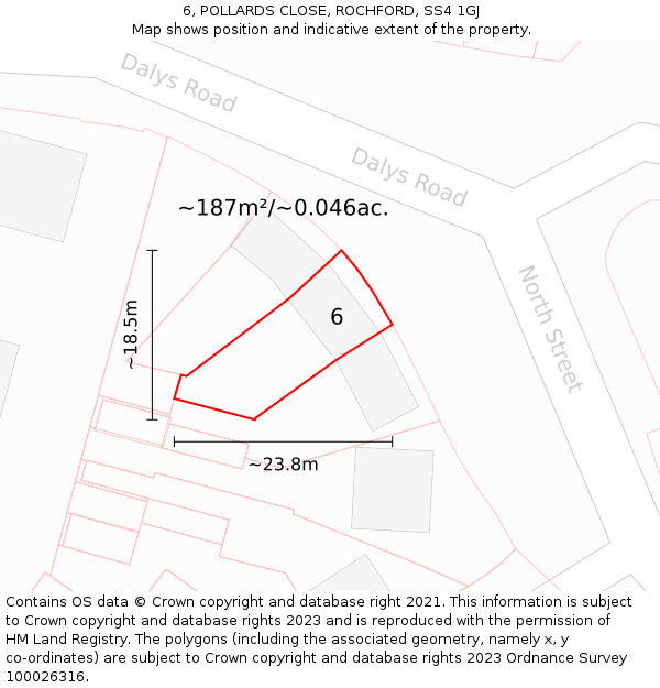 6, POLLARDS CLOSE, ROCHFORD, SS4 1GJ: Plot and title map