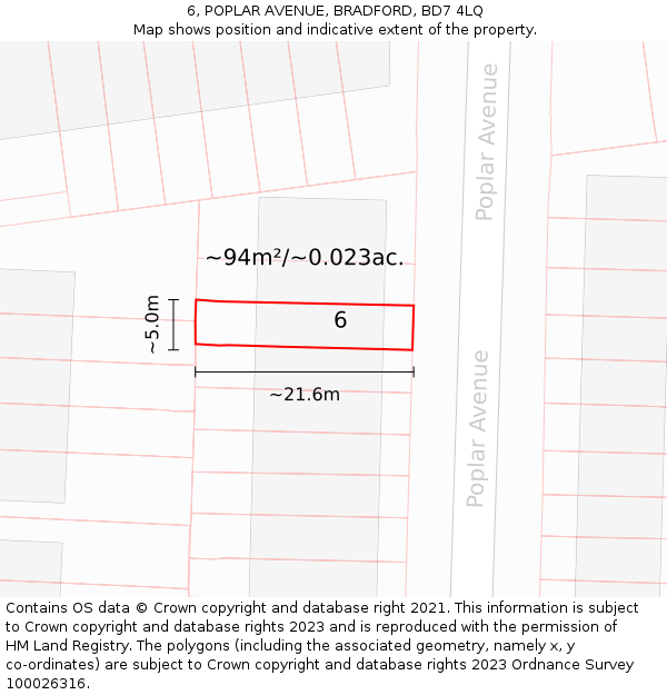 6, POPLAR AVENUE, BRADFORD, BD7 4LQ: Plot and title map