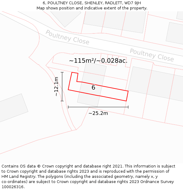 6, POULTNEY CLOSE, SHENLEY, RADLETT, WD7 9JH: Plot and title map
