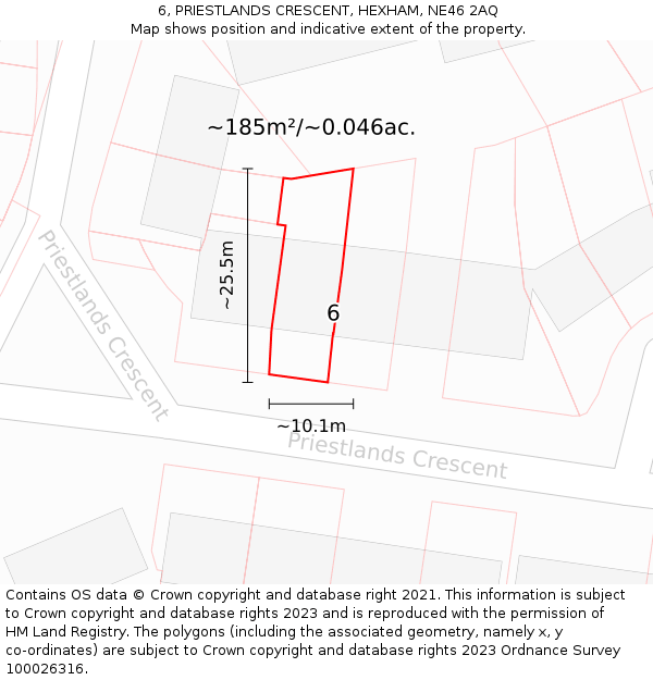 6, PRIESTLANDS CRESCENT, HEXHAM, NE46 2AQ: Plot and title map